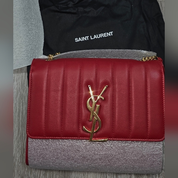 Saint Laurent Red Quilted Leather Shoulder Bag with Gold YSL Logo - Picture 10 of 11